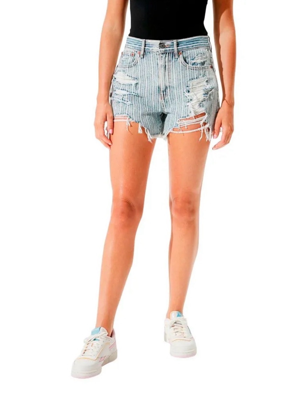 American Eagle Outfitters Light Blue Striped Distressed Denim Shorts